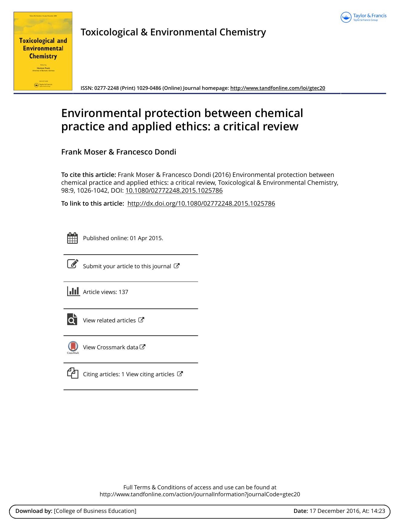 Environmental protection between chemical practice and applied ethics: a critical review by Frank Moser & Francesco Dondi