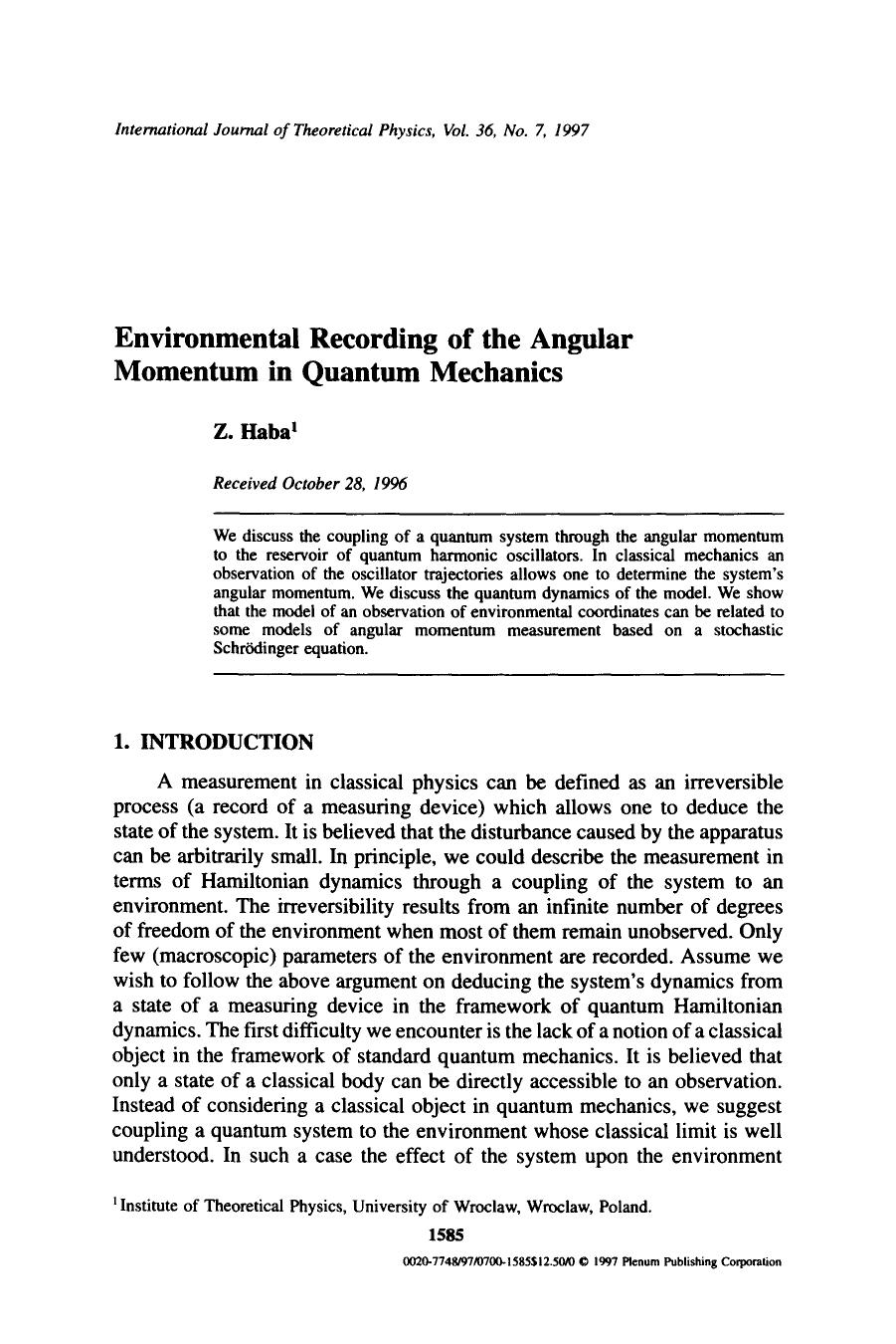 Environmental recording of the angular momentum in quantum mechanics by Unknown
