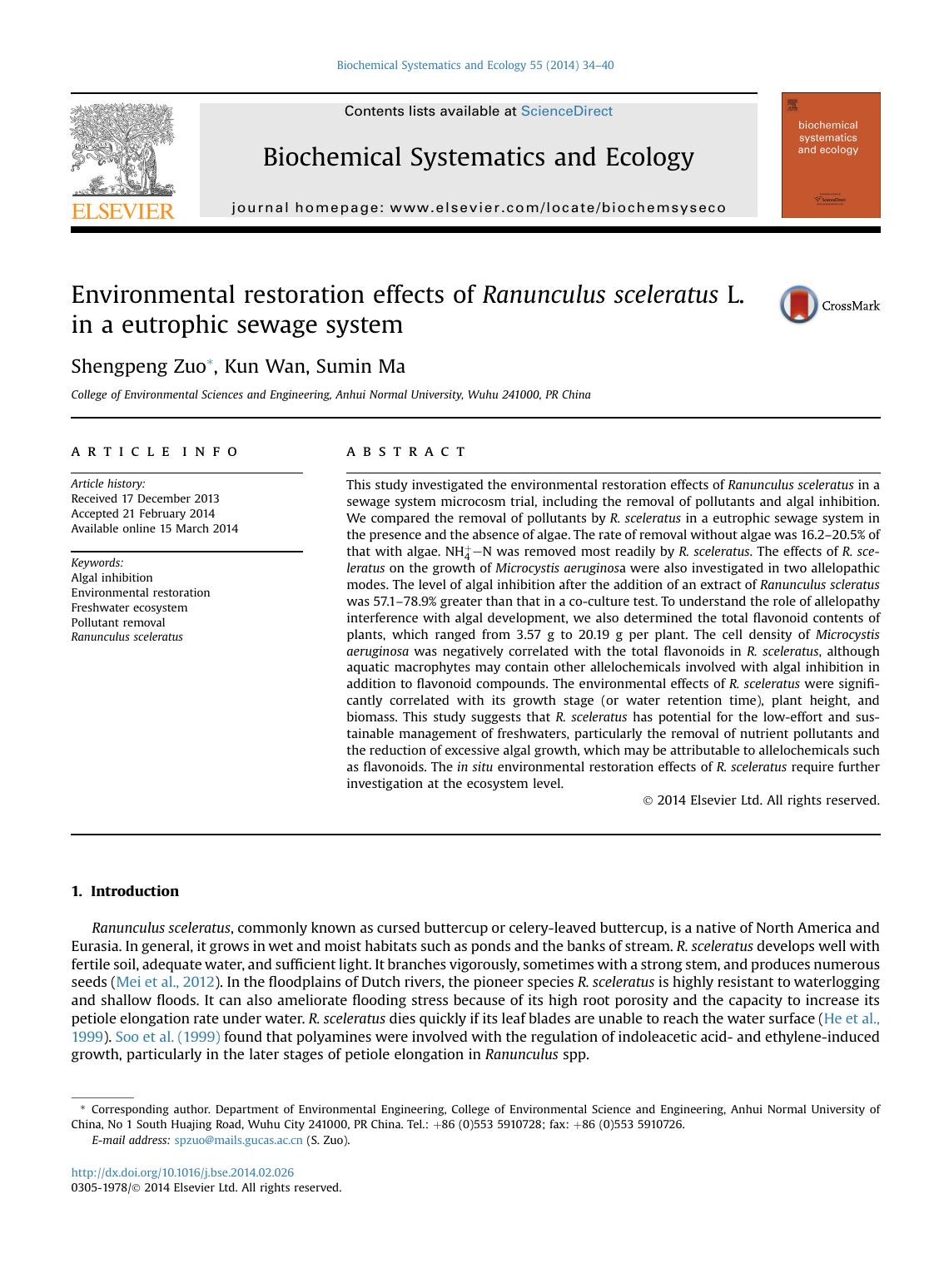 Environmental restoration effects of Ranunculus sceleratus L. in a eutrophic sewage system by Shengpeng Zuo & Kun Wan & Sumin Ma