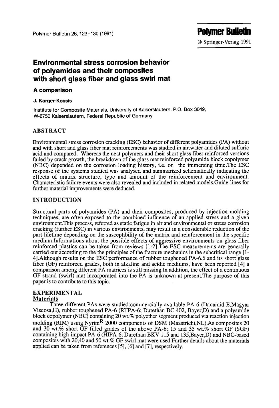 Environmental stress corrosion behavior of polyamides and their composites with short glass fiber and glass swirl mat by Unknown