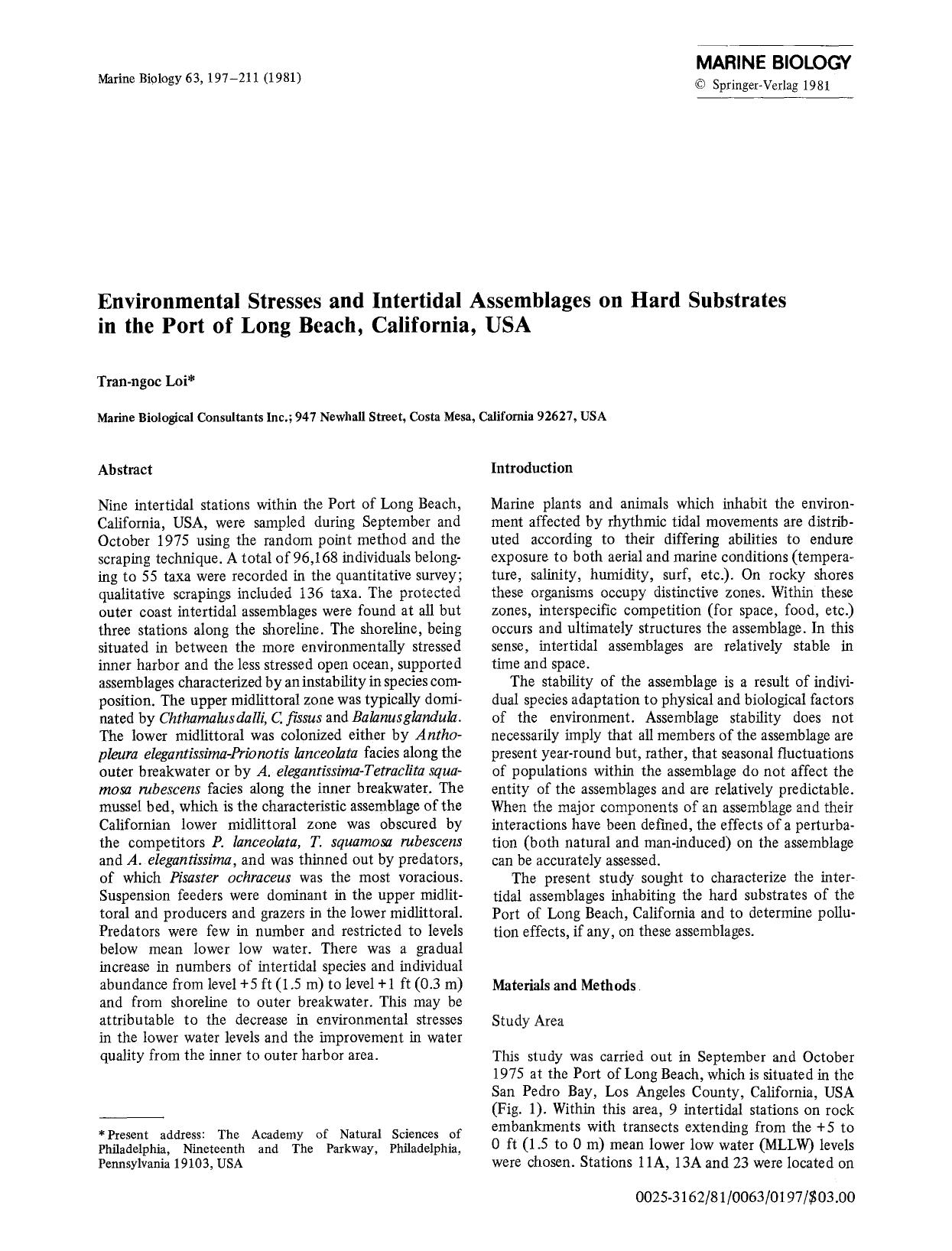 Environmental stresses and intertidal assemblages on hard substrates in the port of Long Beach, California, USA by Unknown