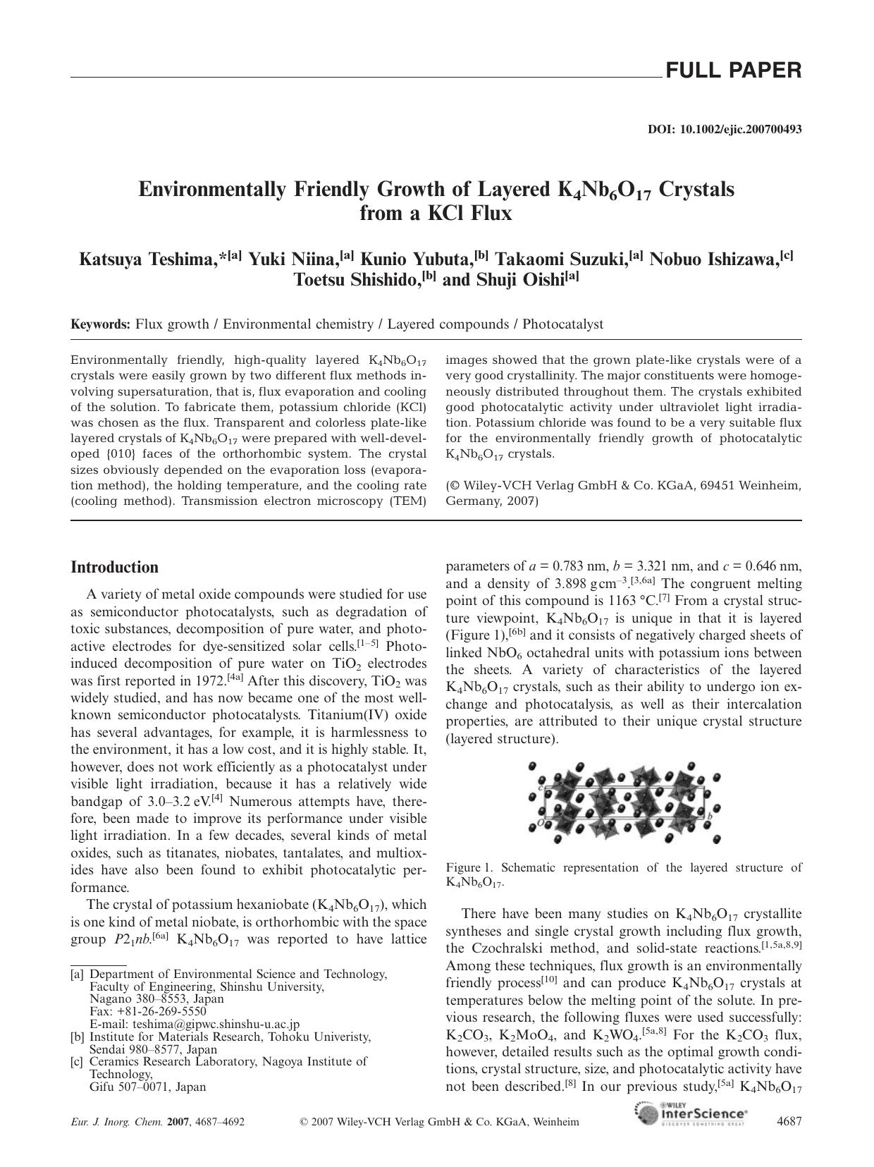 Environmentally Friendly Growth of Layered K4Nb6O17 Crystals from a KCl Flux by Unknown