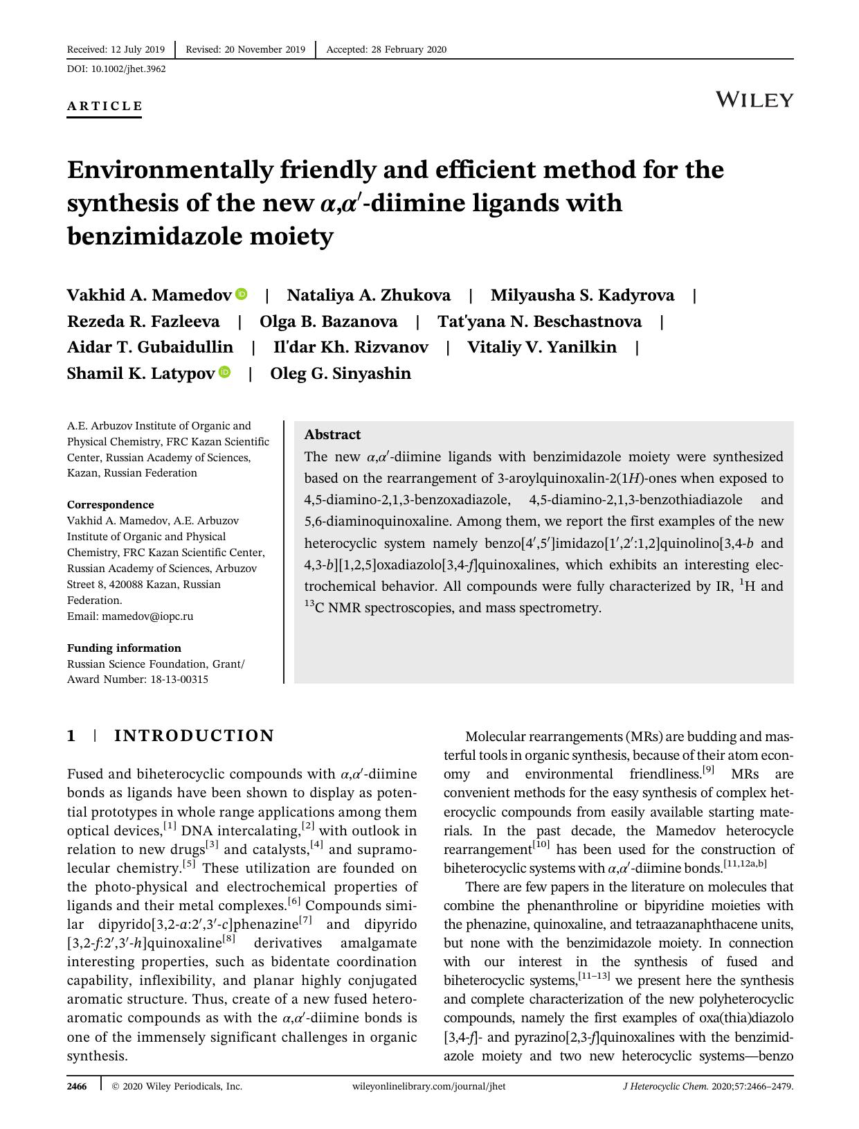 Environmentally Friendly and Efficient Method for the Synthesis of the New Î±,Î±'-Diimine Ligands with Benzimidazole Moiety by Unknown
