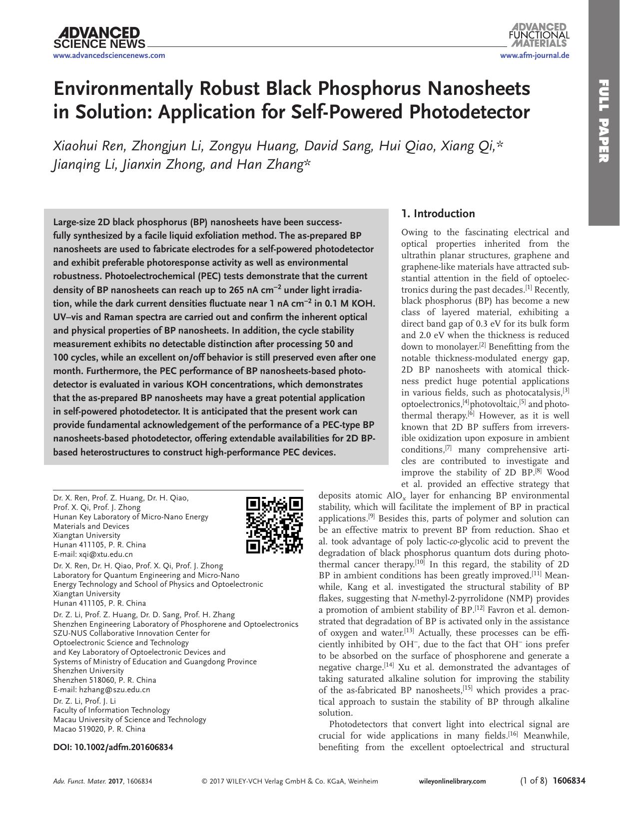 Environmentally Robust Black Phosphorus Nanosheets in Solution: Application for Self‐Powered Photodetector by Unknown