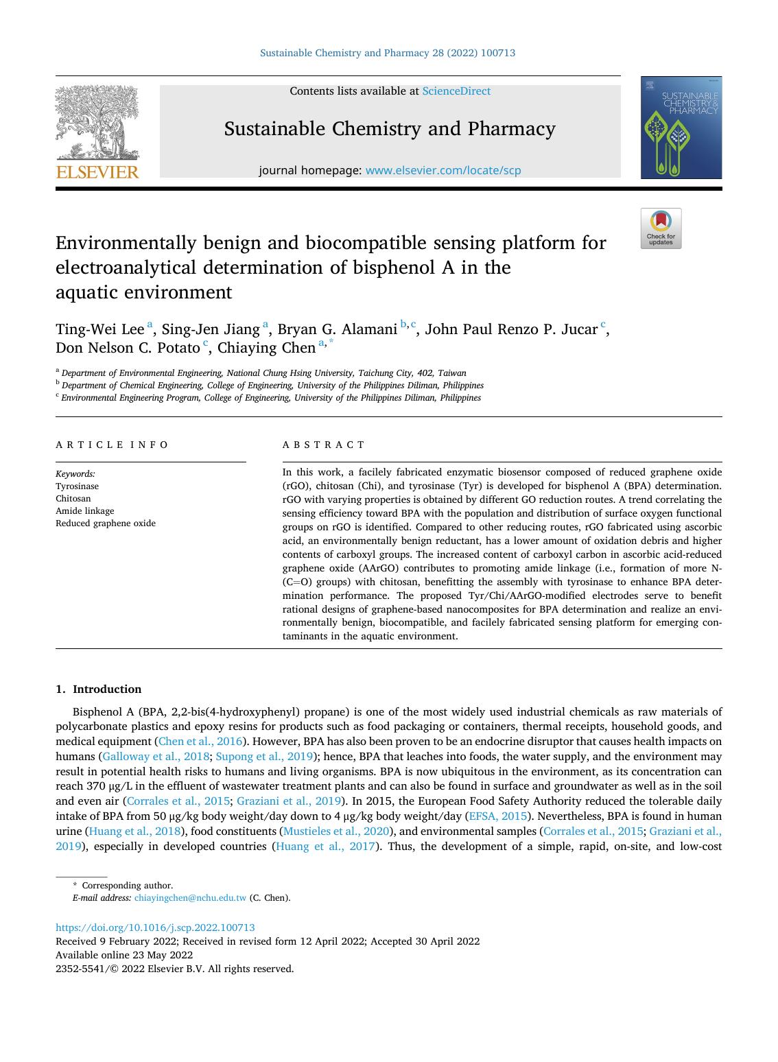 Environmentally benign and biocompatible sensing platform for electroanalytical determination of bisphenol A in the aquatic environment by Ting-Wei Lee