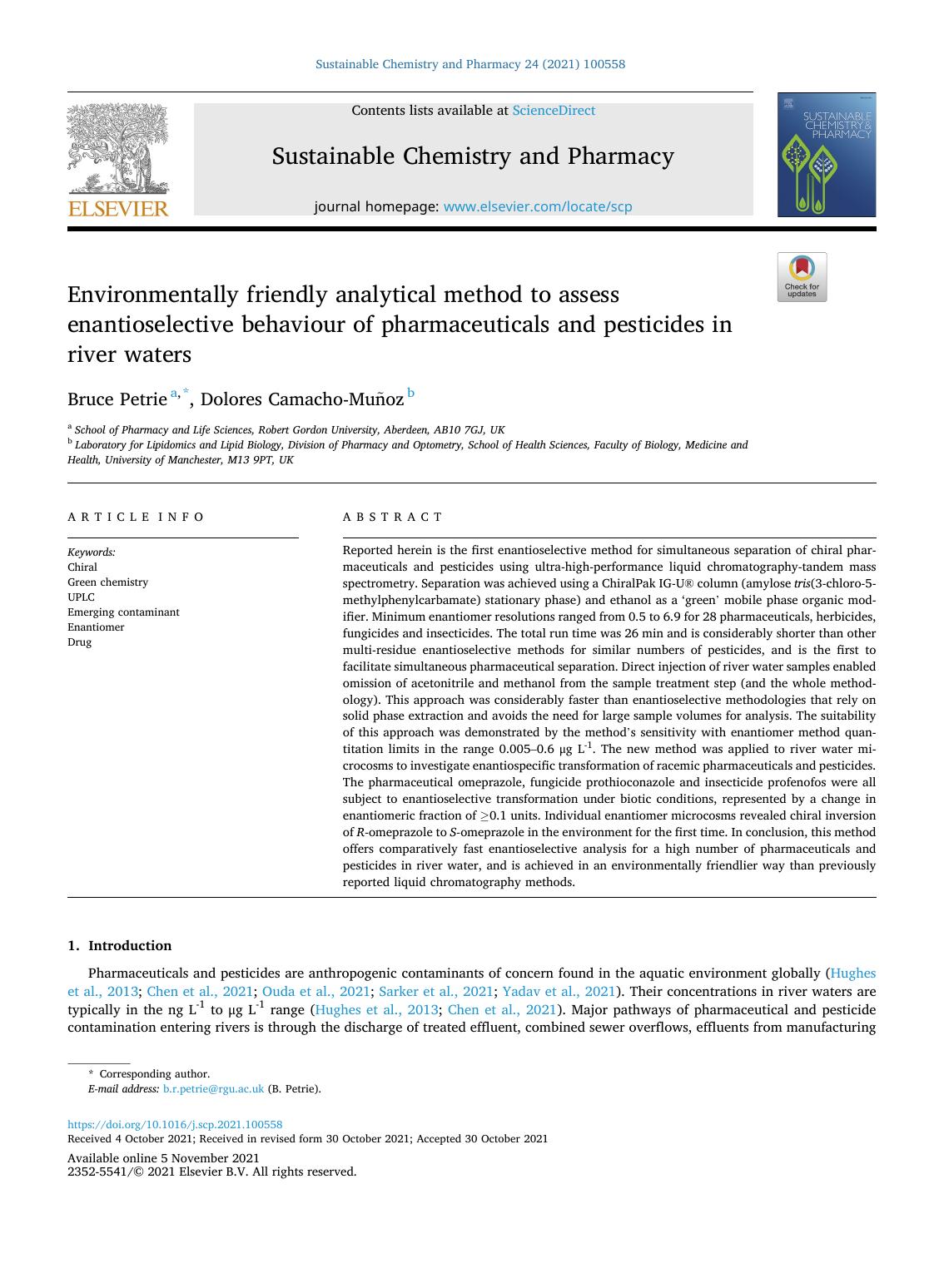 Environmentally friendly analytical method to assess enantioselective behaviour of pharmaceuticals and pesticides in river waters by Bruce Petrie