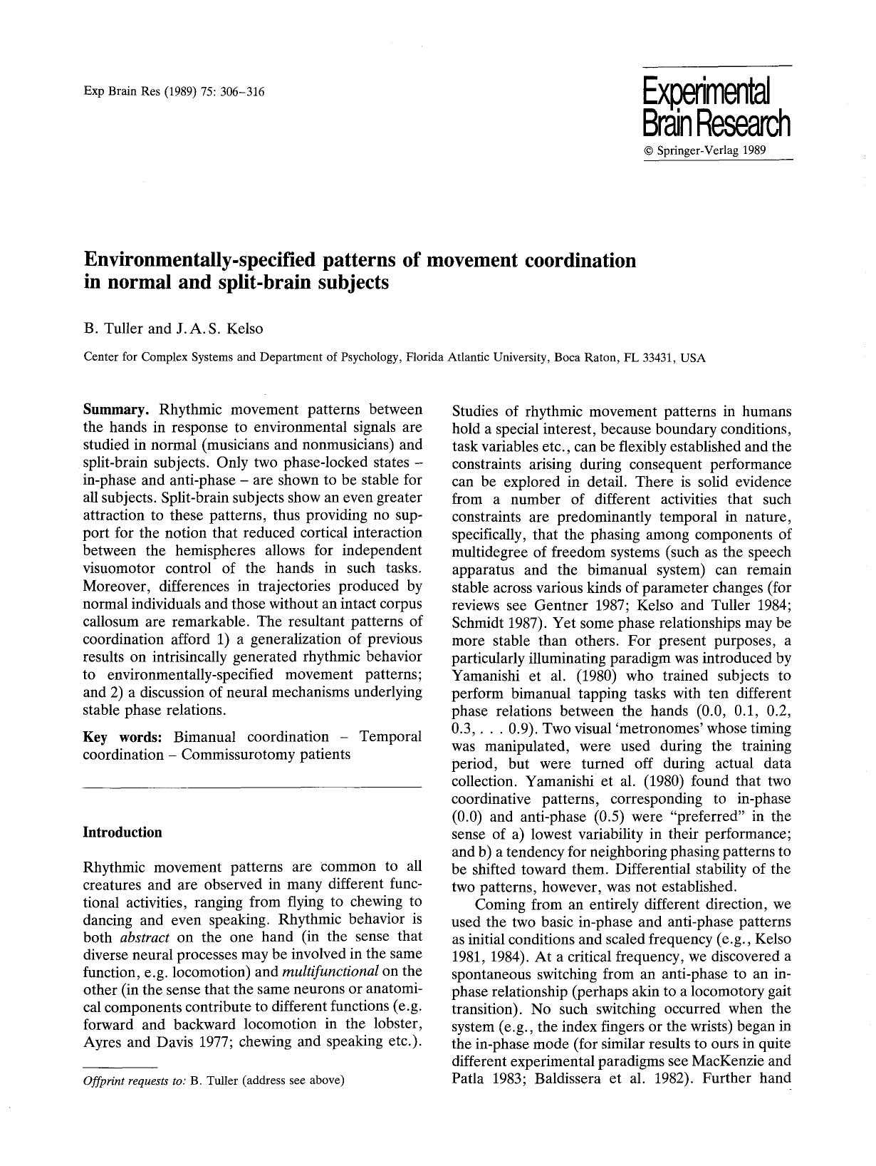 Environmentally-specified patterns of movement coordination in normal and split-brain subjects by Unknown