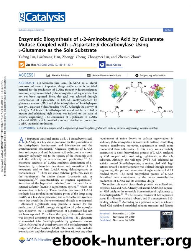 Enzymatic Biosynthesis of l-2-Aminobutyric Acid by Glutamate Mutase Coupled with l-Aspartate-Î²-decarboxylase Using l-Glutamate as the Sole Substrate by Yufeng Liu Laichuang Han Zhongyi Cheng Zhongmei Liu & Zhemin Zhou