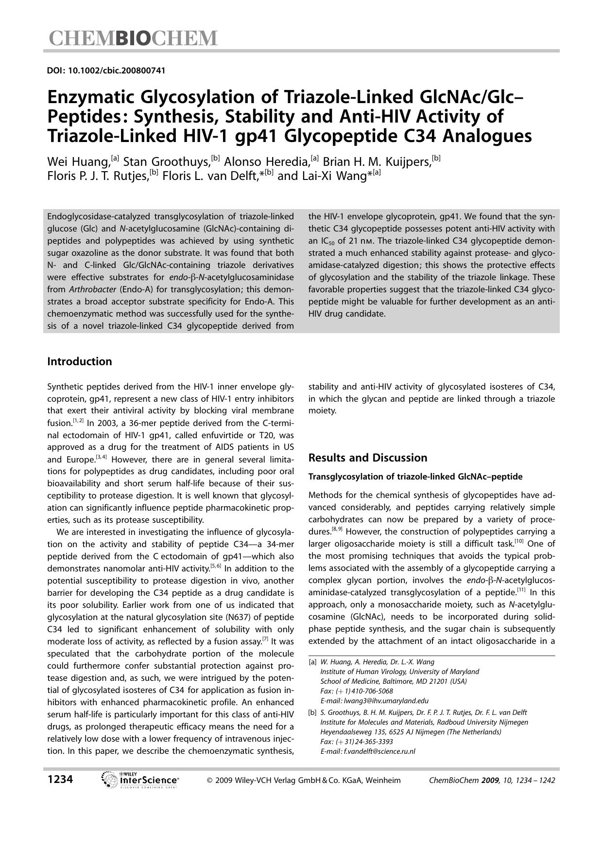 Enzymatic Glycosylation of Triazole-Linked GlcNAcGlc-Peptides: Synthesis, Stability and Anti-HIV Activity of Triazole-Linked HIV-1 gp41 Glycopeptide C34 Analogues by Unknown