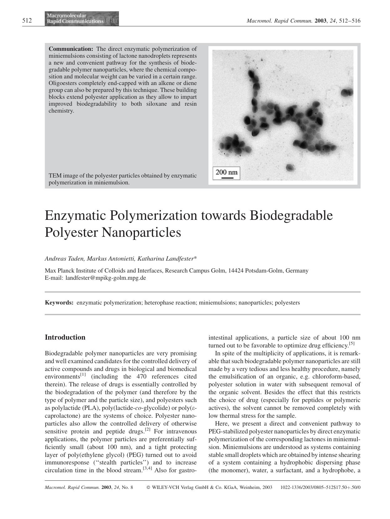 Enzymatic Polymerization towards Biodegradable Polyester Nanoparticles by Unknown
