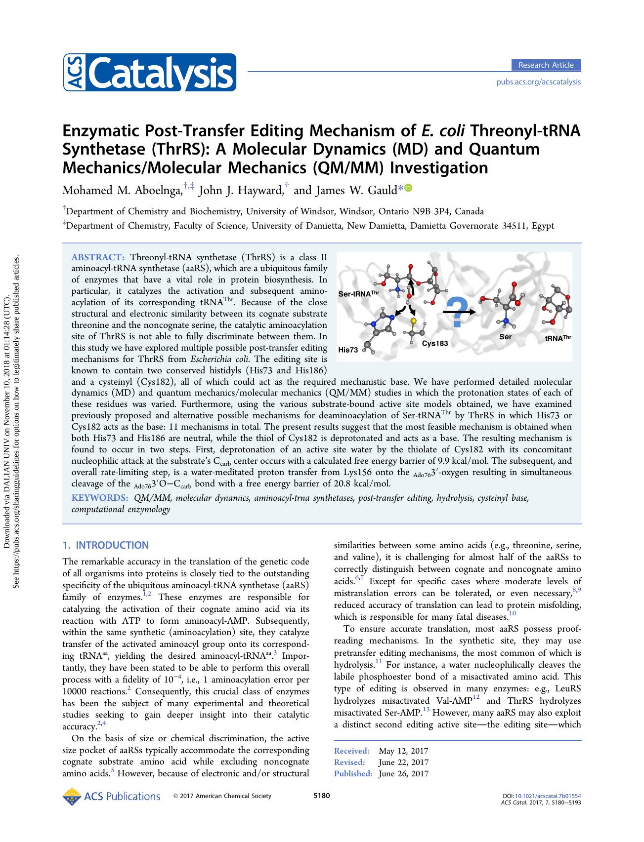 Enzymatic Post-Transfer Editing Mechanism of E. coli Threonyl-tRNA Synthetase (ThrRS): A Molecular Dynamics (MD) and Quantum MechanicsMolecular Mechanics (QMMM) Investigation by Mohamed M. Aboelnga John J. Hayward & James W. Gauld