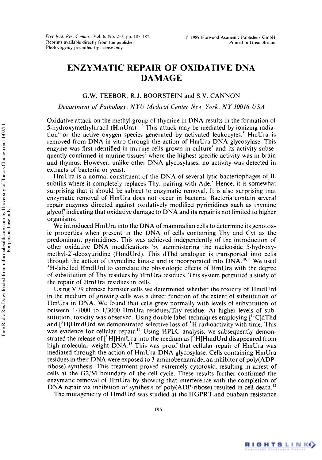 Enzymatic Repair of Oxidative DNA Damage by G. W. Teebor1 R. J. Boorstein1 & S. V. Cannon1