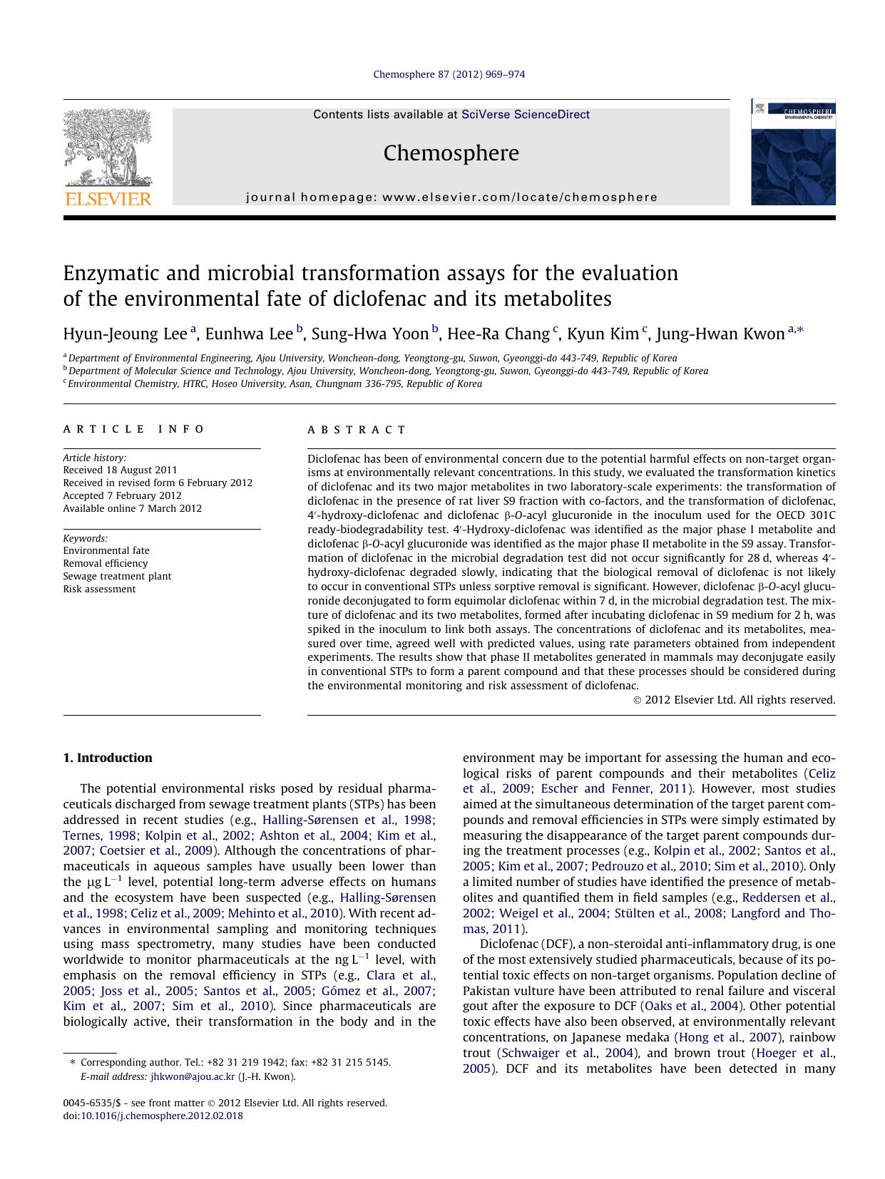 Enzymatic and microbial transformation assays for the evaluation of the environmental fate of diclofenac and its metabolites by Hyun-Jeoung Lee & Eunhwa Lee & Sung-Hwa Yoon & Hee-Ra Chang & Kyun Kim & Jung-Hwan Kwon