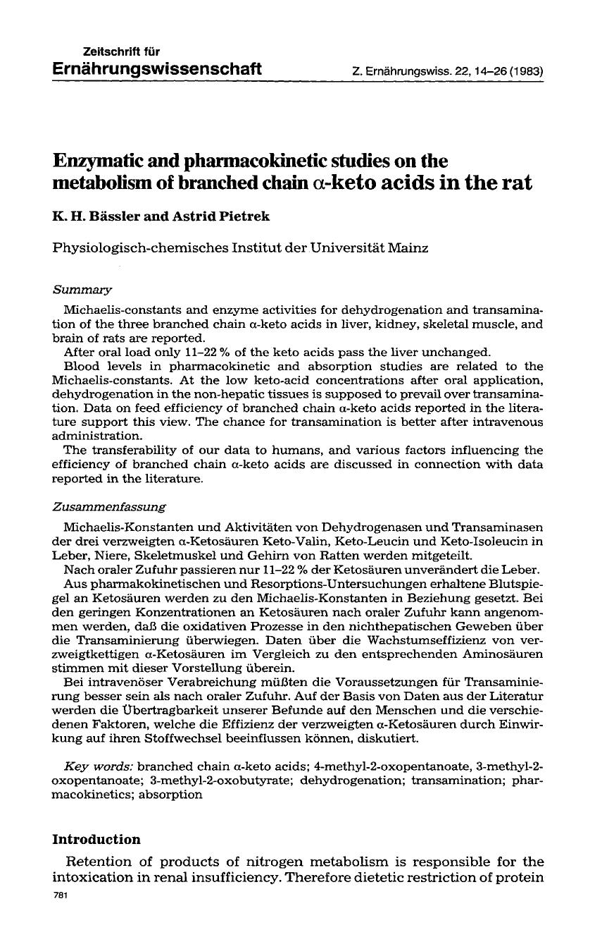 Enzymatic and pharmacokinetic studies on the metabolism of branched chain &#x03B1;-keto acids in the rat by Unknown