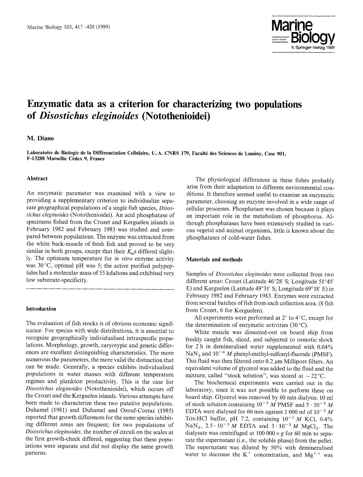 Enzymatic data as a criterion for characterizing two populations of <Emphasis Type="Italic">Disostichus eleginoides<Emphasis> (Notothenioidei) by Unknown