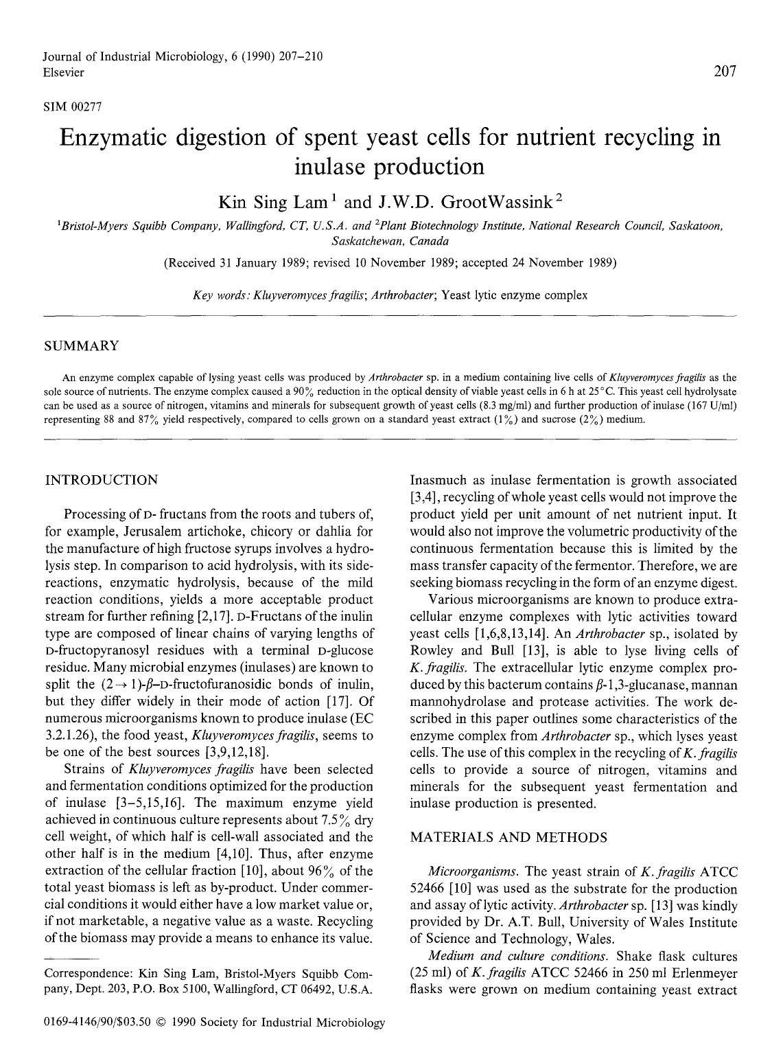 Enzymatic digestion of spent yeast cells for nutrient recycling in inulase production by Unknown