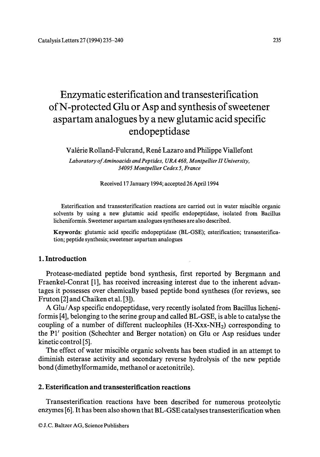 Enzymatic esterification and transesterification of N-protected Glu or Asp and synthesis of sweetener aspartam analogues by a new glutamic acid specific endopeptidase by Unknown