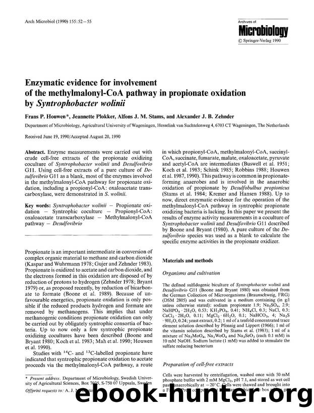 Enzymatic evidence for involvement of the methylmalonyl-CoA pathway in propionate oxidation by <Emphasis Type="Italic">Syntrophobacter wolinii<Emphasis> by Unknown