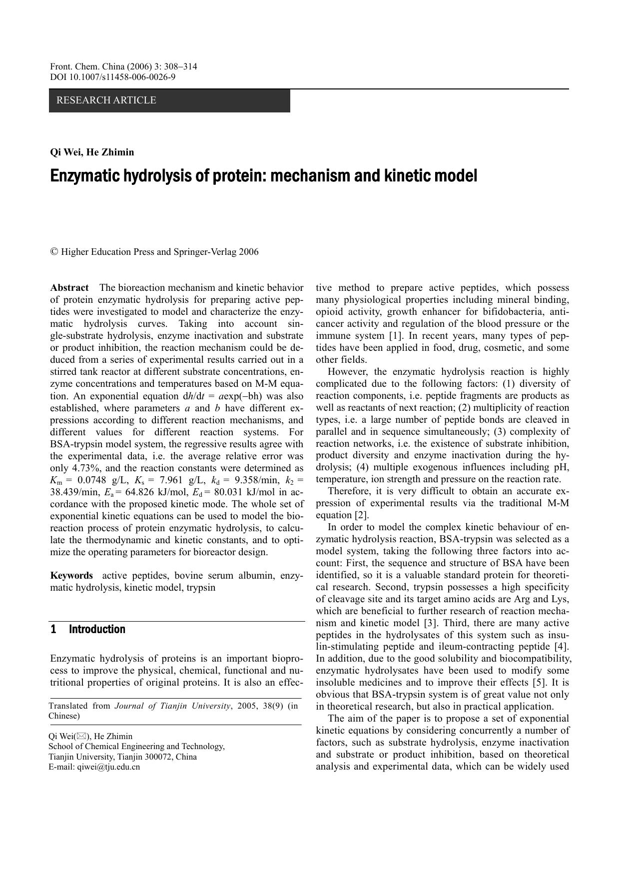 Enzymatic hydrolysis of protein: Mechanism and kinetic model by Unknown