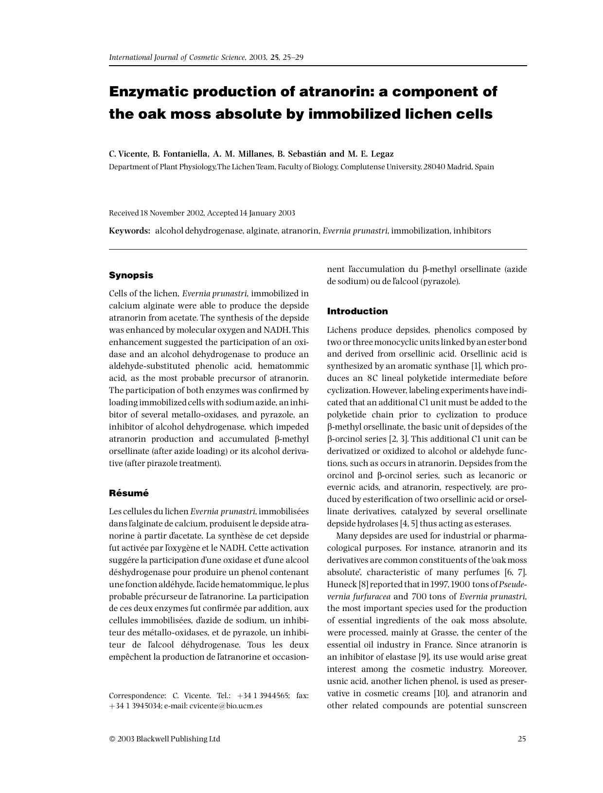 Enzymatic production of atranorin: a component of the oak moss absolute by immobilized lichen cells by Unknown