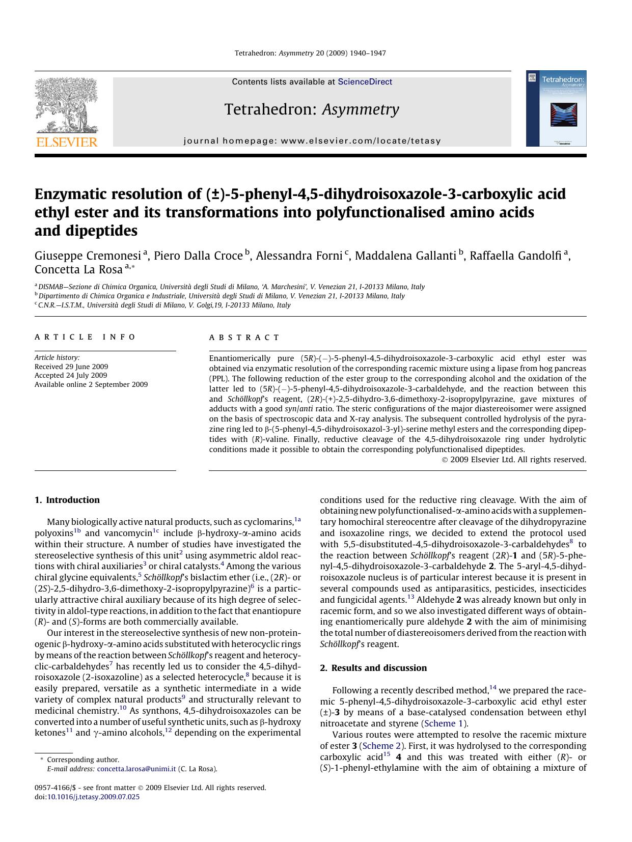 Enzymatic resolution of (Â±)-5-phenyl-4,5-dihydroisoxazole-3-carboxylic acid ethyl ester and its transformations into polyfunctionalised amino acids and dipeptides by unknow