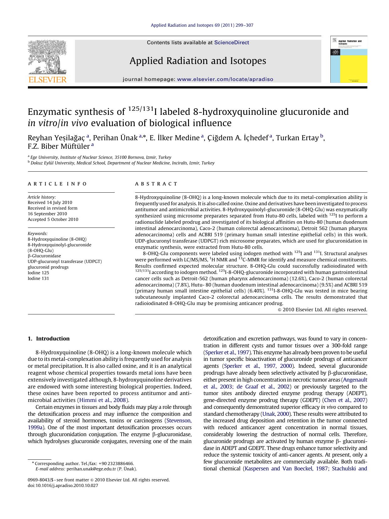 Enzymatic synthesis of 125131I labeled 8-hydroxyquinoline glucuronide and in vitroin vivo evaluation of biological influence by unknow