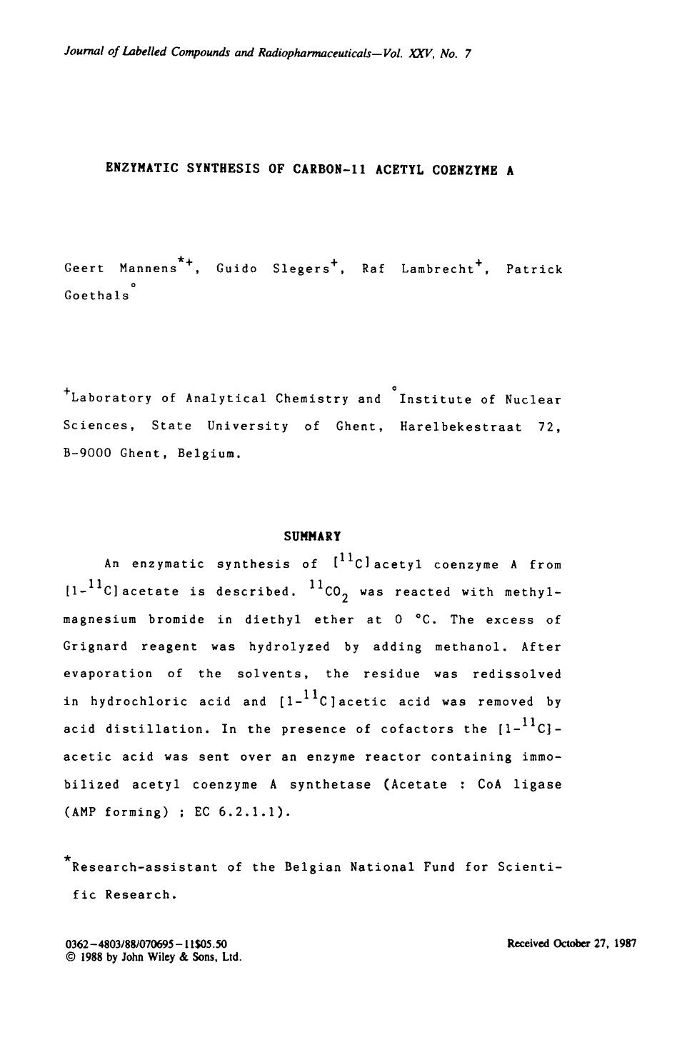 Enzymatic synthesis of carbon-11 acetyl coenzyme A by Unknown