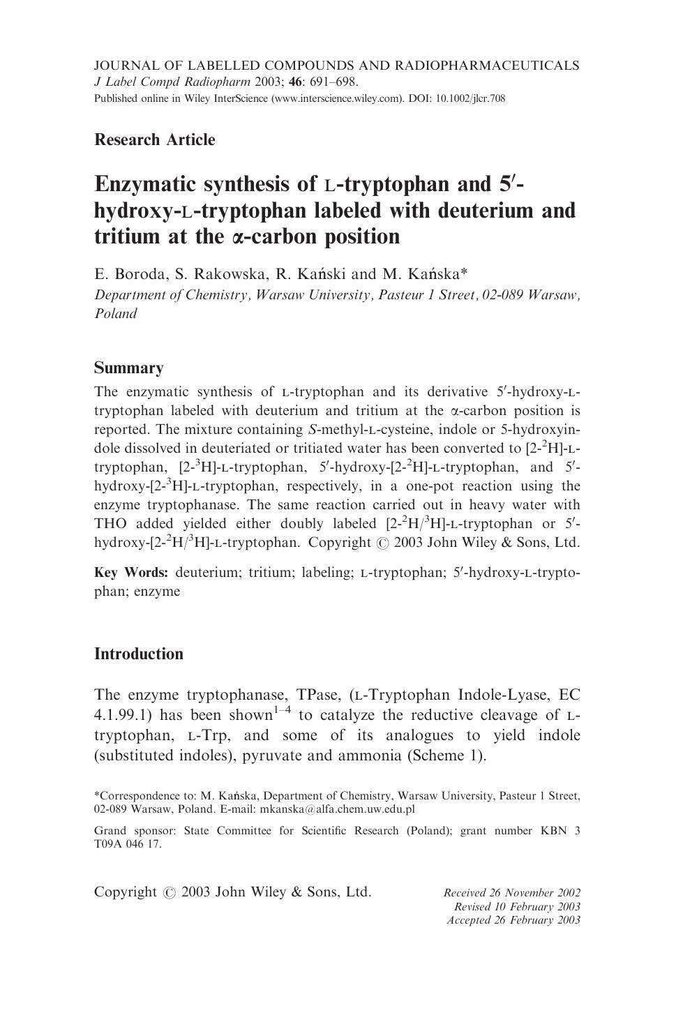 Enzymatic synthesis of l-tryptophan and 5prime-hydroxy-l-tryptophan labeled with deuterium and tritium at the alpha-carbon position by Unknown