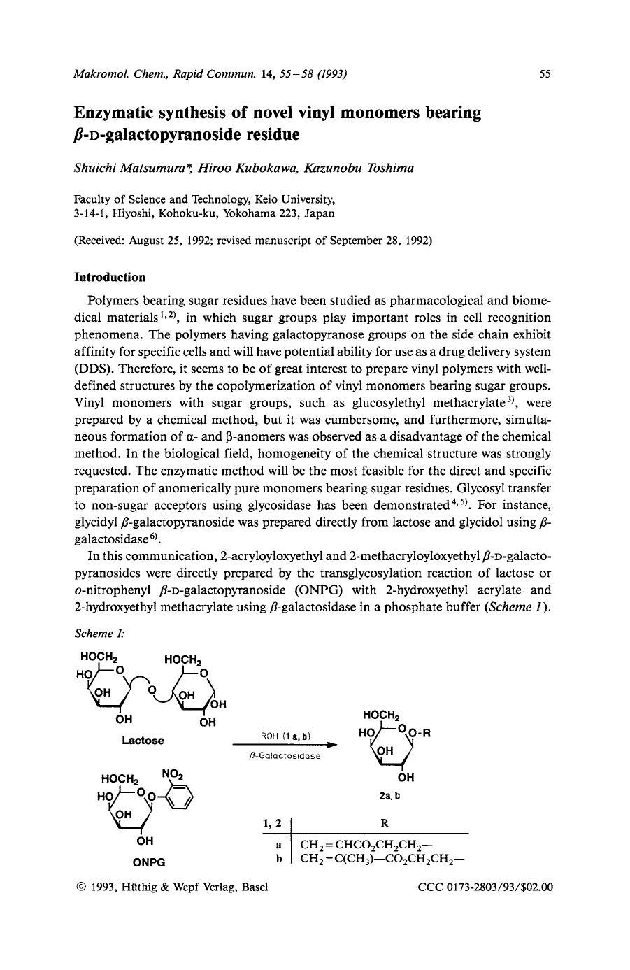Enzymatic synthesis of novel vinyl monomers bearing [beta]-D-galactopyranoside residue by Unknown