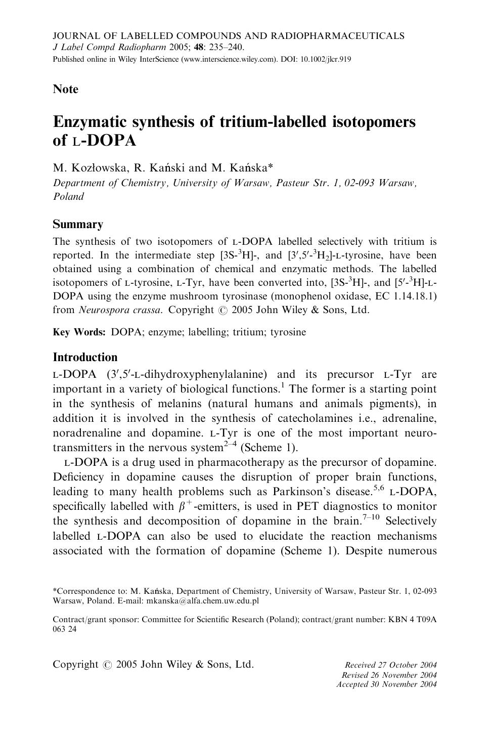 Enzymatic synthesis of tritium-labelled isotopomers of L-DOPA by Unknown