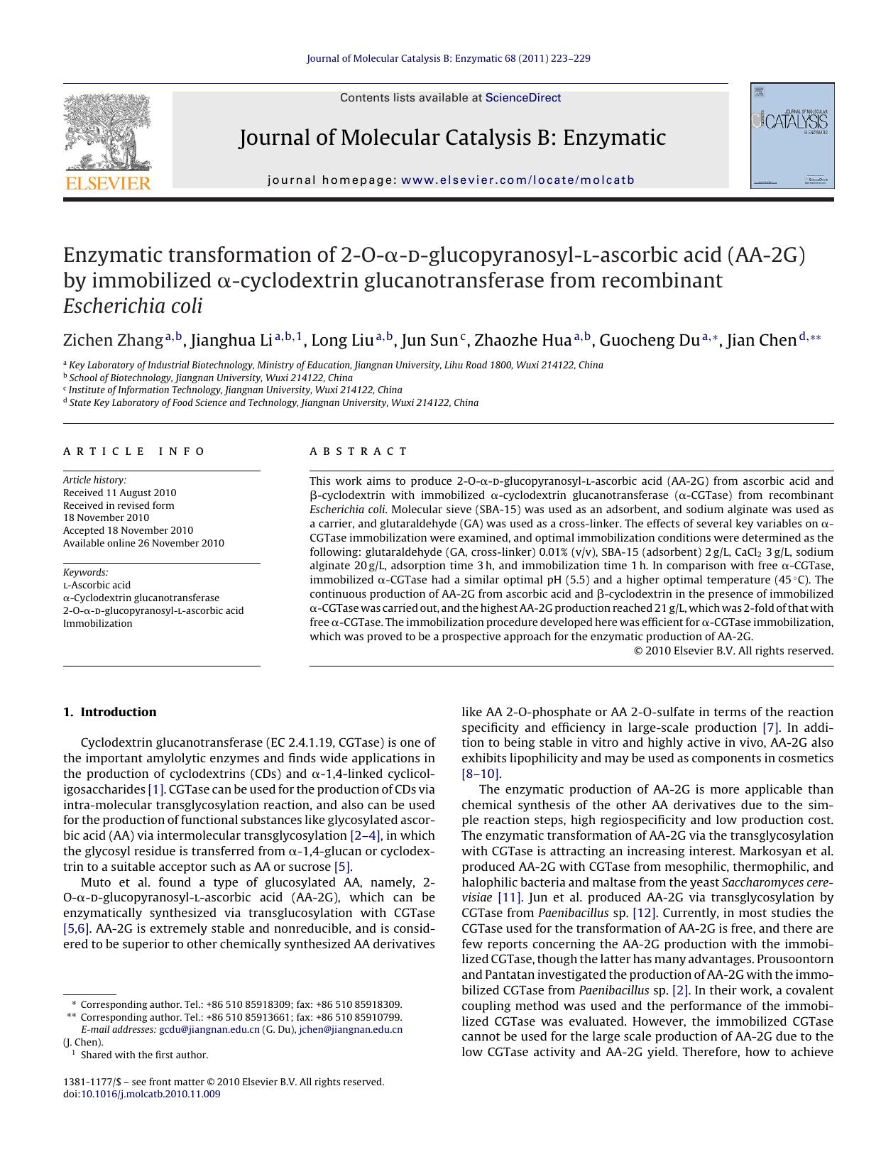 Enzymatic transformation of 2-O-ÃÂ±-d-glucopyranosyl-l-ascorbic acid (AA-2G) by immobilized ÃÂ±-cyclodextrin glucanotransferase from recombinant Escherichia coli by Zichen Zhang