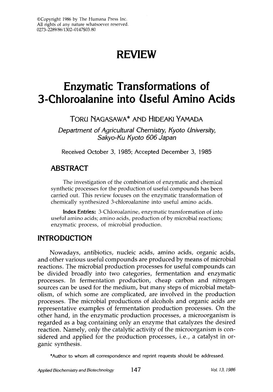 Enzymatic transformations of 3-chloroalanine into useful amino acids by Unknown