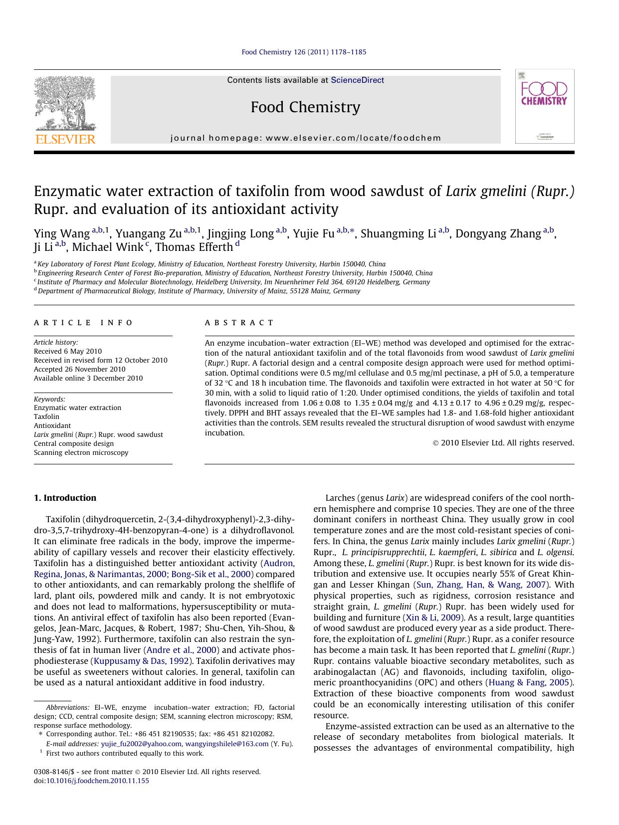 Enzymatic water extraction of taxifolin from wood sawdust of Larix gmelini (Rupr.) Rupr. and evaluation of its antioxidant activity by unknow