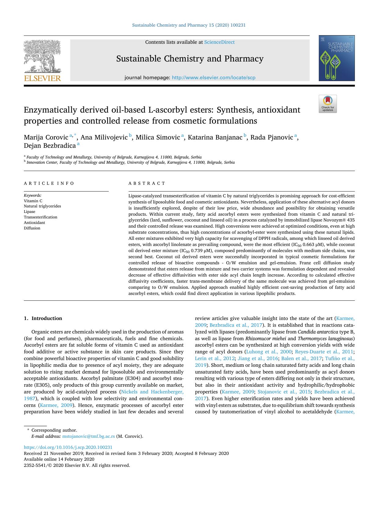 Enzymatically derived oil-based L-ascorbyl esters: Synthesis, antioxidant properties and controlled release from cosmetic formulations by unknow