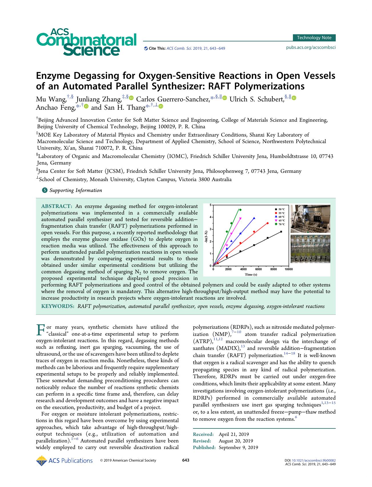 Enzyme Degassing for Oxygen-Sensitive Reactions in Open Vessels of an Automated Parallel Synthesizer: RAFT Polymerizations by Mu Wang Junliang Zhang Carlos Guerrero-Sanchez Ulrich S. Schubert Anchao Feng and San H. Thang