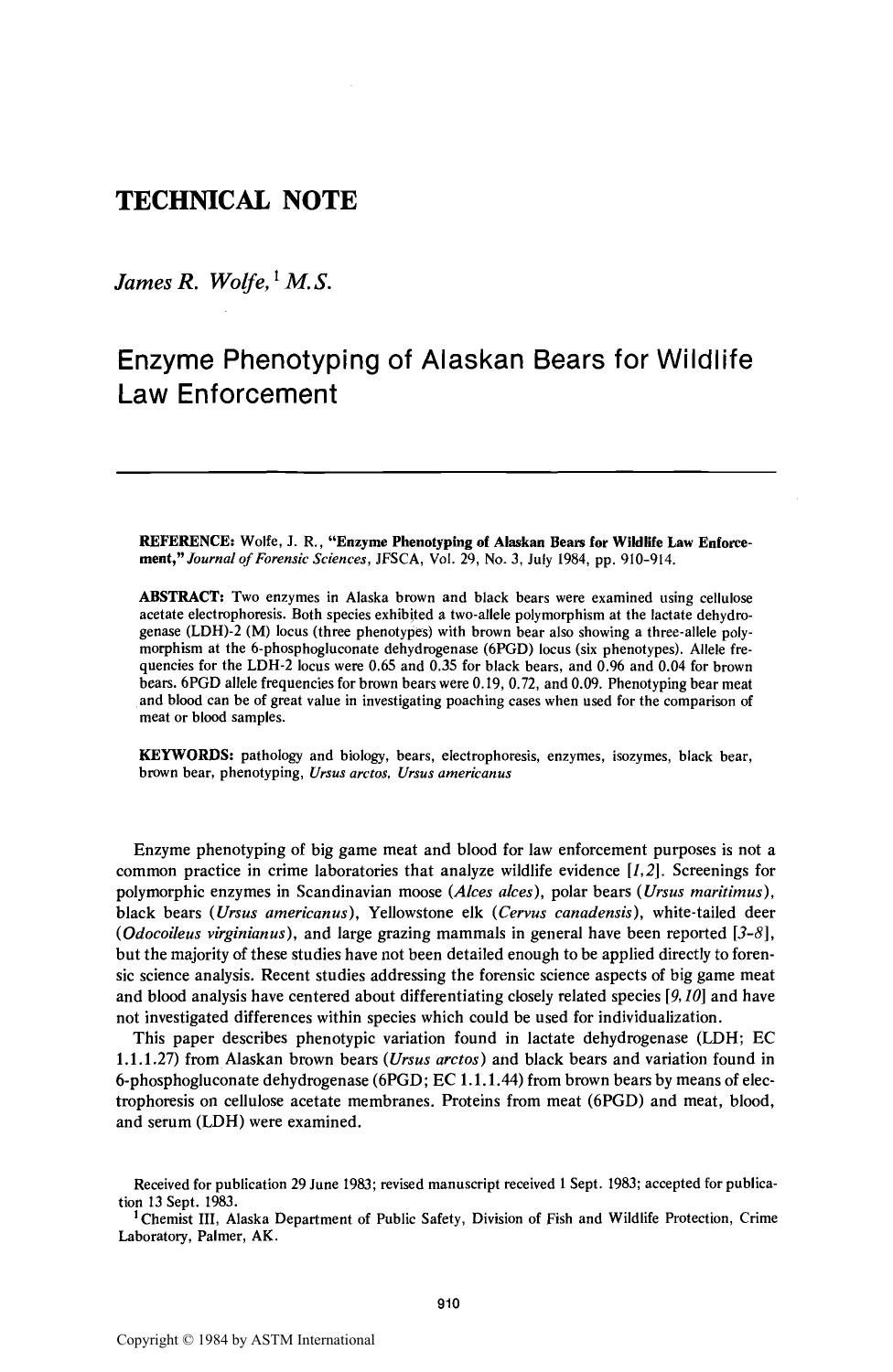Enzyme Phenotyping of Alaskan Bears for Wildlife Law Enforcement by Wolfe JR