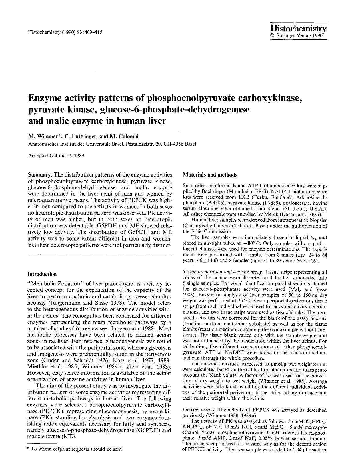 Enzyme activity patterns of phosphoenolpyruvate carboxykinase, pyruvate kinase, glucose-6-phosphate-dehydrogenase and malic enzyme in human liver by Unknown