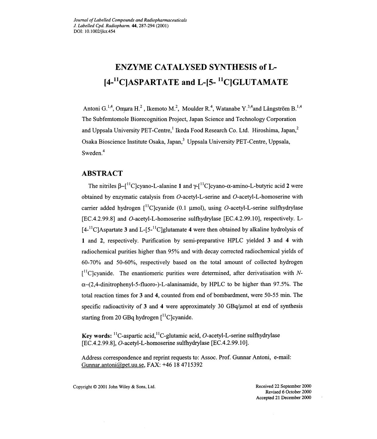 Enzyme catalysed synthesis of L-[4-11C]aspartate and L-[5-11C]glutamate by Unknown