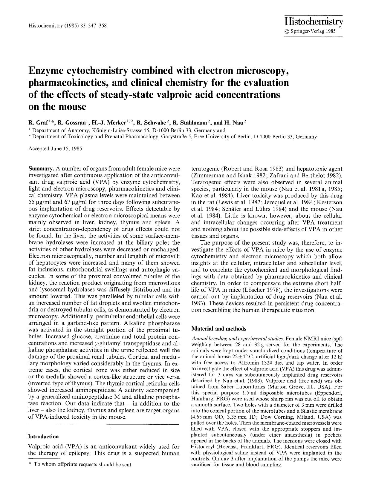 Enzyme cytochemistry combined with electron microscopy, pharmacokinetics, and clinical chemistry for the evaluation of the effects of steady-state valproic acid concentrations on the mouse by Unknown