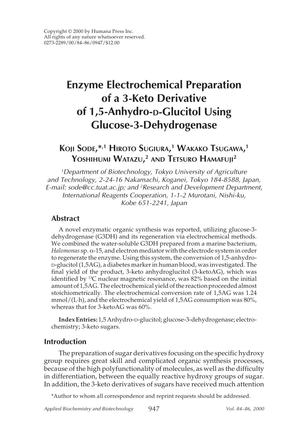 Enzyme electrochemical preparation of a 3-keto derivative of 1,5-anhydro-<Emphasis Type="SmallCaps">d<Emphasis>-glucitol using glucose-3-dehydrogenase by Unknown
