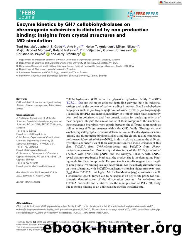 Enzyme kinetics by GH7 cellobiohydrolases on chromogenic substrates is dictated by nonâproductive binding: insights from crystal structures and MD simulation by Unknown