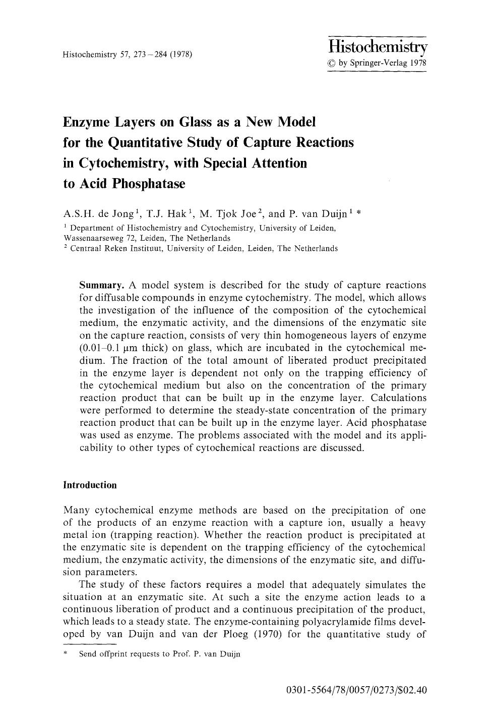 Enzyme layers on glass as a new model for the quantitative study of capture reactions in cytochemistry, with special attention to acid phosphatase by Unknown