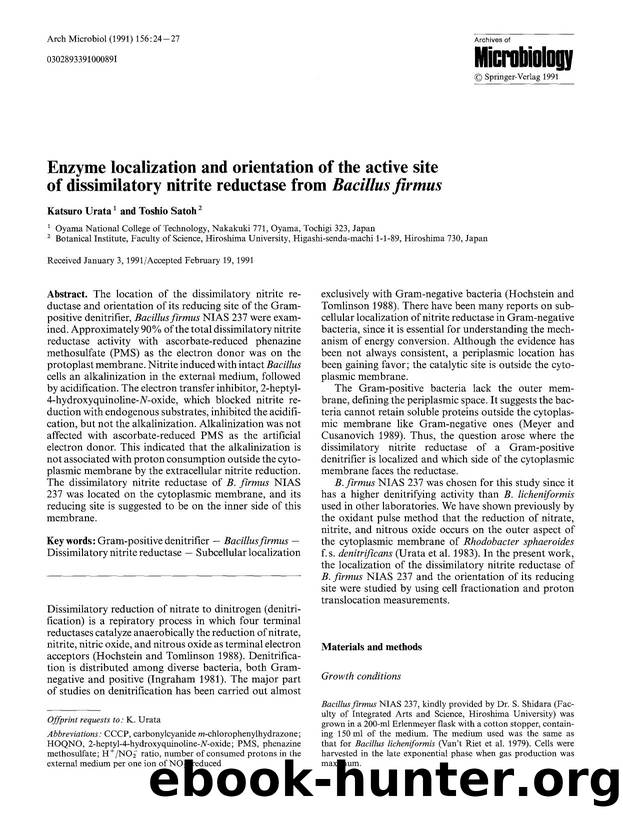 Enzyme localization and orientation of the active site of dissimilatory nitrite reductase from <Emphasis Type="Italic">Bacillus firmus<Emphasis> by Unknown