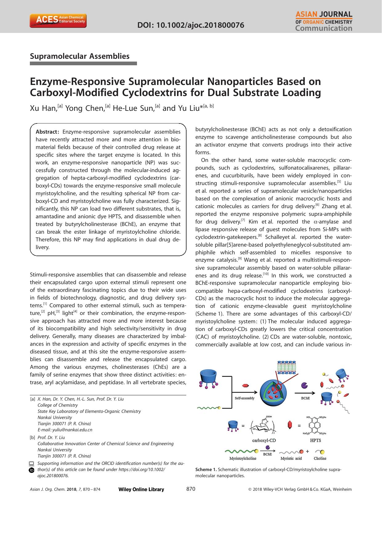 EnzymeâResponsive Supramolecular Nanoparticles Based on CarboxylâModified Cyclodextrins for Dual Substrate Loading by Unknown