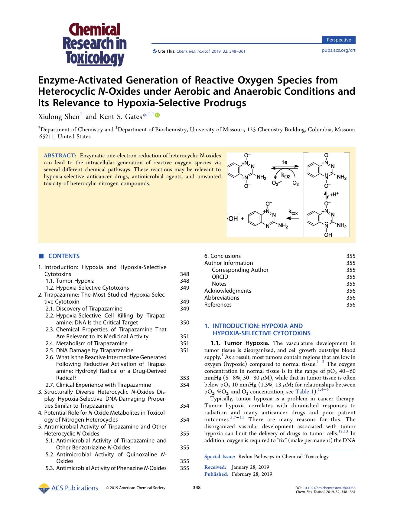 Enzyme-Activated Generation of Reactive Oxygen Species from Heterocyclic N-Oxides under Aerobic and Anaerobic Conditions and Its Relevance to Hypoxia-Selective Prodrugs by Xiulong Shen and Kent S. Gates