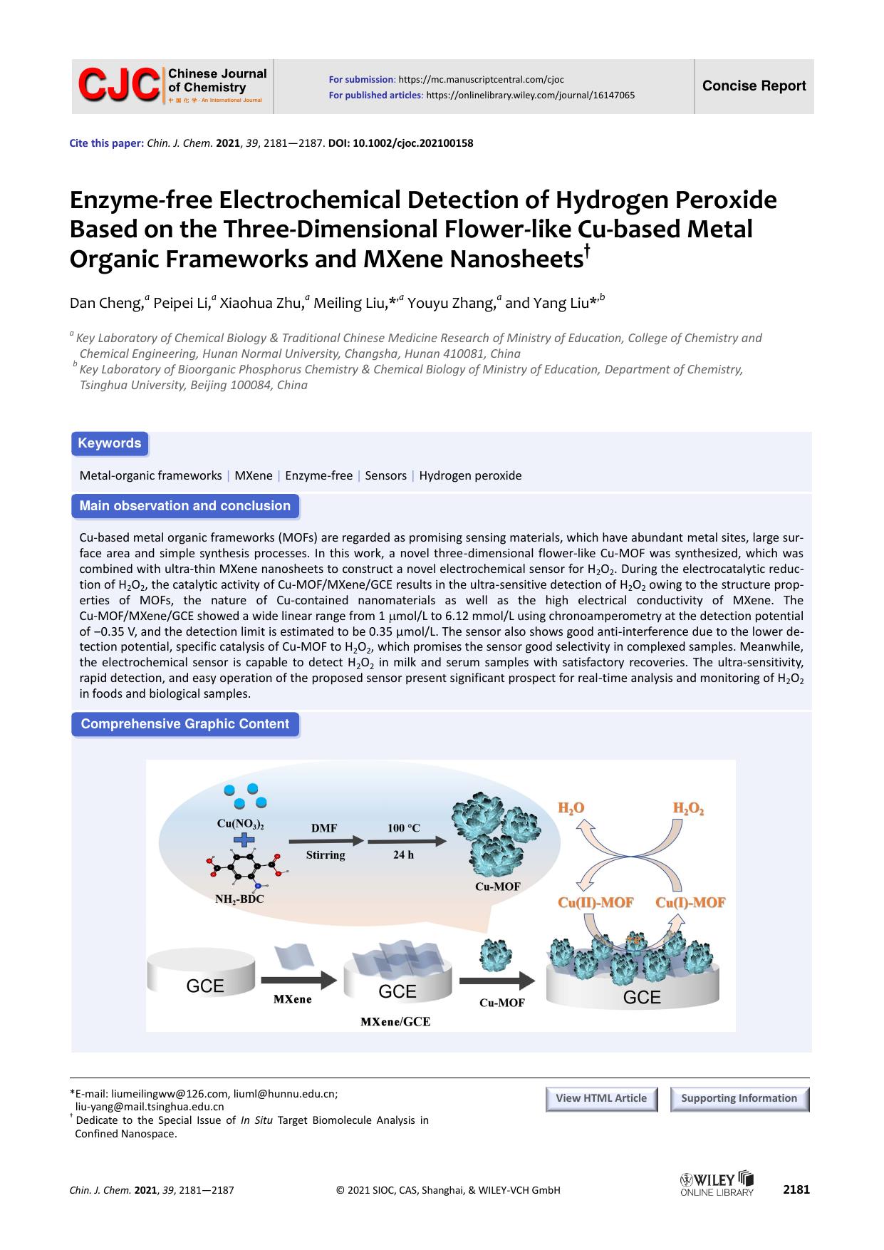 Enzyme-free electrochemical detection of hydrogen peroxide based on the three-dimensional flower-like Cu-based metal or-ganic frameworks and MXene nanosheets by unknown
