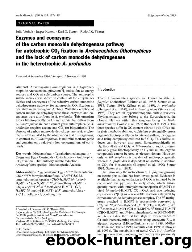 Enzymes and coenzymes of the carbon monoxide dehydrogenase pathway for autotrophic CO<Subscript>2<Subscript> fixation in <Emphasis Type="Italic">Archaeoglobus lithotrophicus<Emphas by Unknown