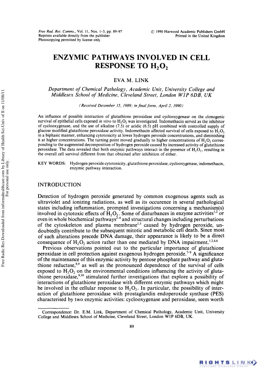 Enzymic Pathways Involved in Cell Response to H2O2 by Eva M. Link†