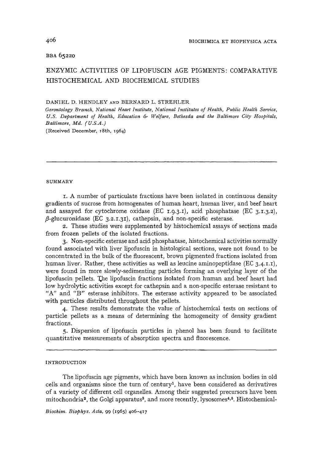 Enzymic activities of lipofuscin age pigments: Comparative histochemical and biochemical studies by Daniel D. Hendley; Bernard L. Strehler