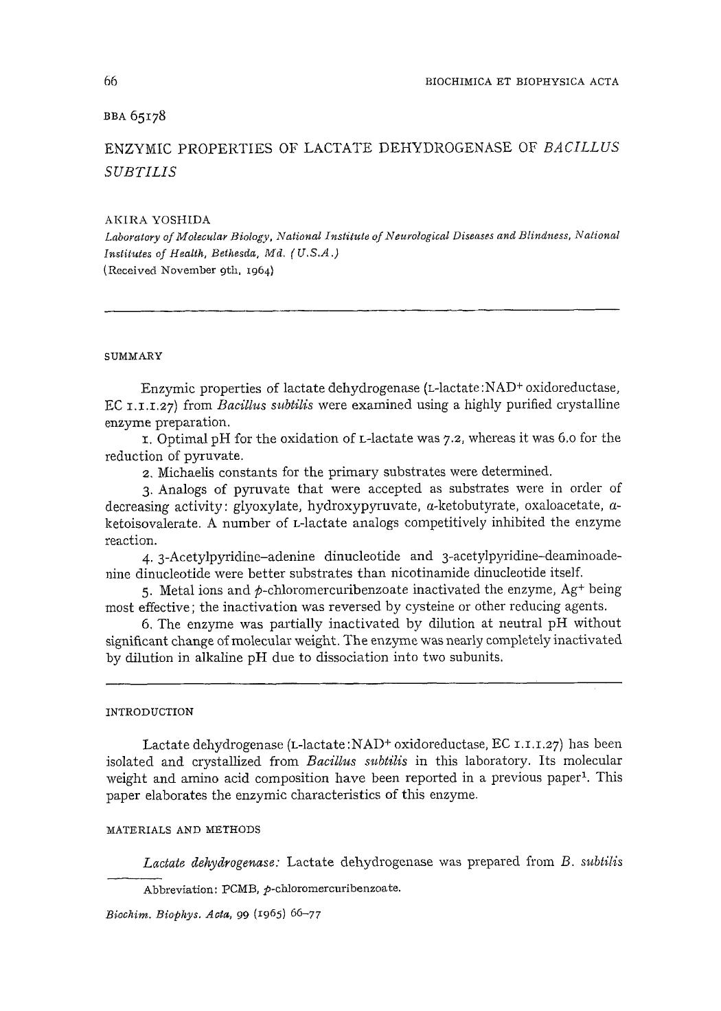 Enzymic properties of lactate dehydrogenase of Bacillus subtilis by Akira Yoshida